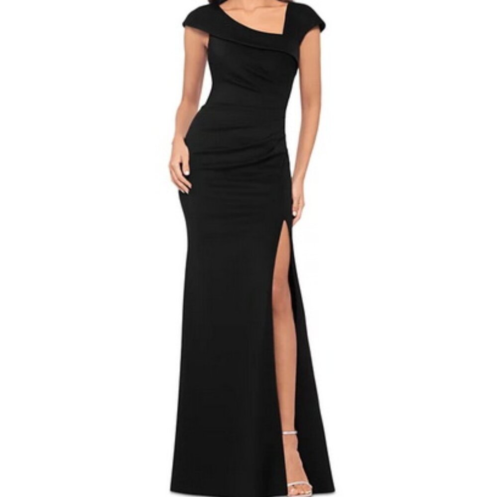 Xscape Black Asymmetric Neck Scuba Trumpet Gown
